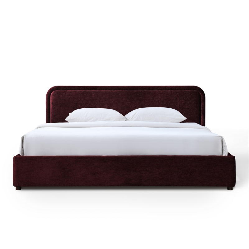 Pemberly Row Upholstered King Platform Bed with Rounded Headboard in Burgundy