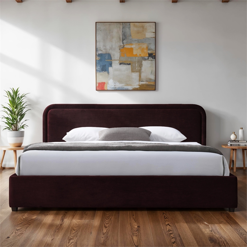 Pemberly Row Upholstered King Platform Bed with Rounded Headboard in Burgundy