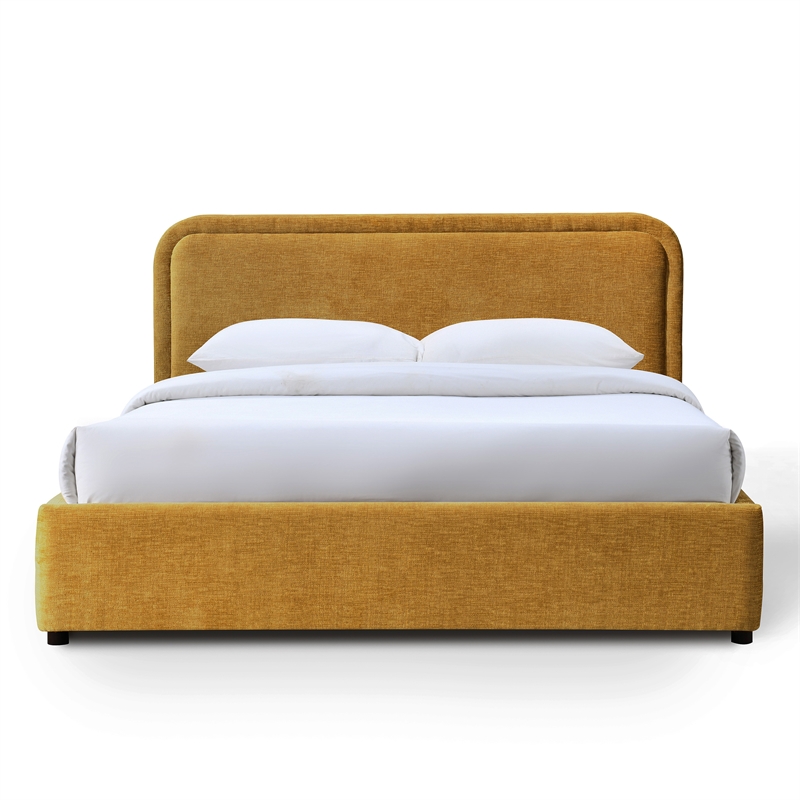 Pemberly Row Upholstered Queen Platform Bed with Rounded Headboard in Gold