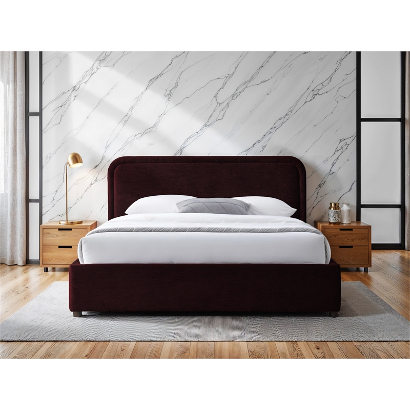 Pemberly Row Upholstered Queen Platform Bed with Rounded Headboard in Burgundy
