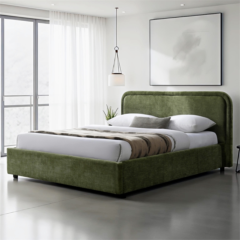 Pemberly Row Upholstered Queen Platform Bed with Rounded Headboard in Green