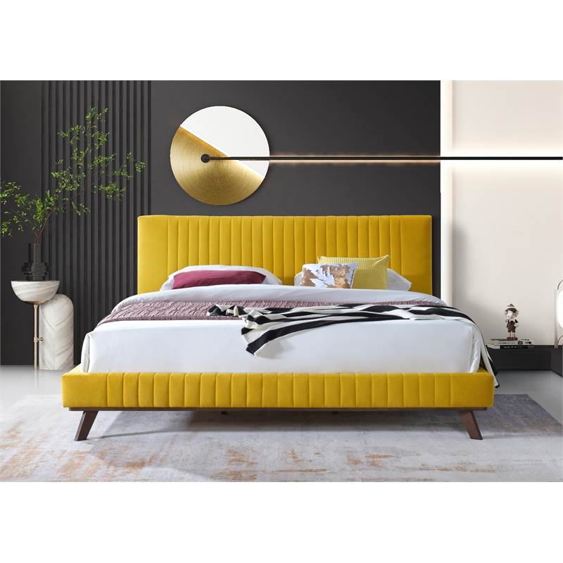 Pemberly Row Wood and Fabric Upholstered King Platform Bed in Mustard Yellow