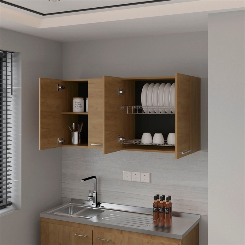 Pemberly Row 4-Door Wall Cabinet with Built-in Dish Organizer in Natural Oak