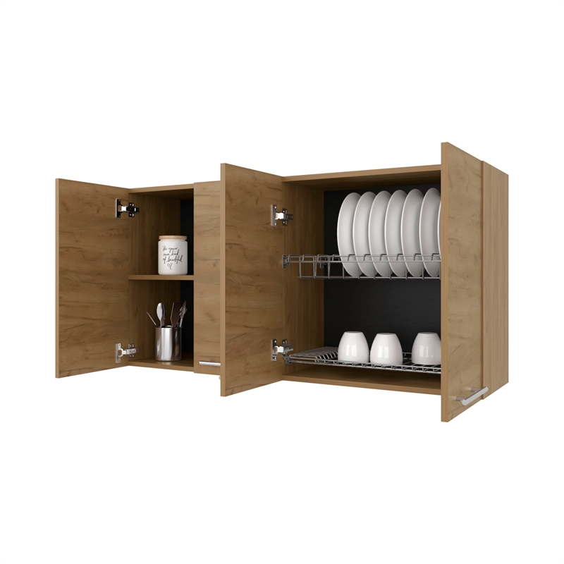 Pemberly Row 4-Door Wall Cabinet with Built-in Dish Organizer in Natural Oak