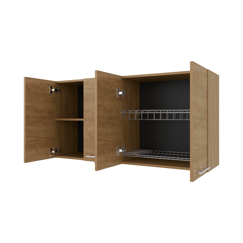 Pemberly Row 4-Door Wall Cabinet with Built-in Dish Organizer in Natural Oak