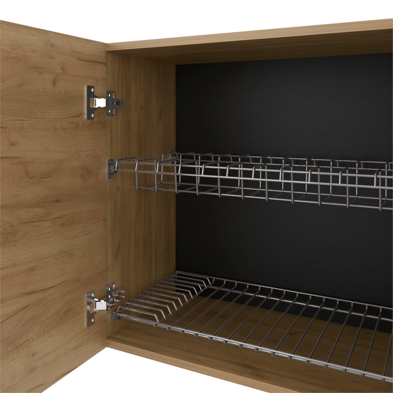 Pemberly Row 4-Door Wall Cabinet with Built-in Dish Organizer in Natural Oak