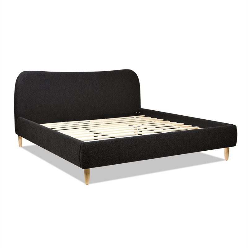 Pemberly Row Curved Headboard Upholstered Platform Bed King in Black Boucle