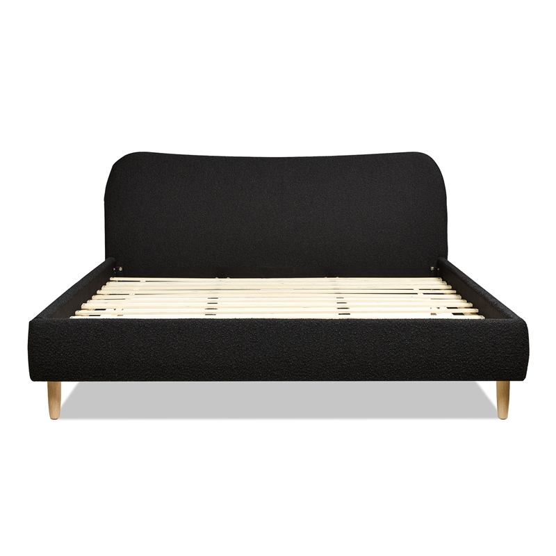 Pemberly Row Curved Headboard Upholstered Platform Bed King in Black Boucle