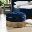 Pemberly Row Upholstered Round Accent Ottoman in Navy Blue Velvet with Gold Trim