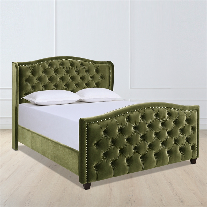 Pemberly Row Contemporary Tufted Wingback Queen Bed in Olive Green