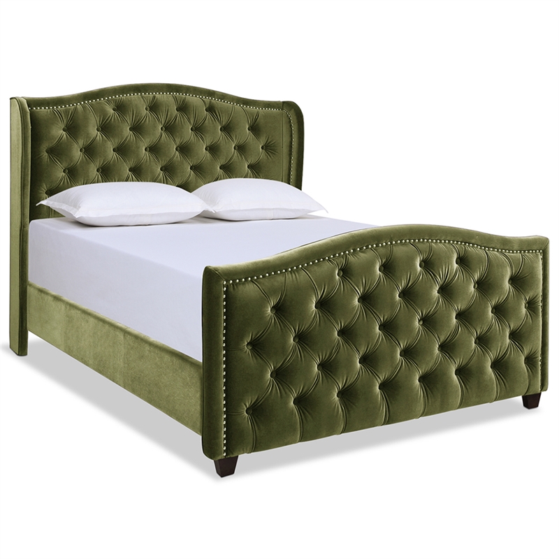 Pemberly Row Contemporary Tufted Wingback Queen Bed in Olive Green