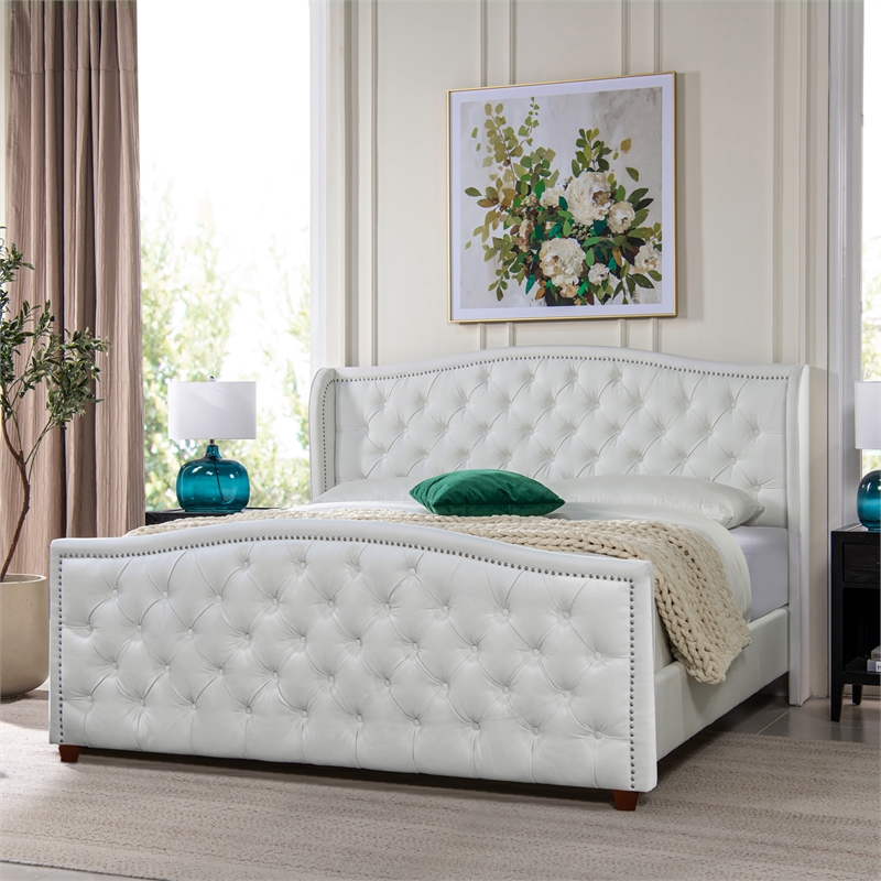 Pemberly Row Tufted Wingback King Bed with Nailhead Accents in Bright White