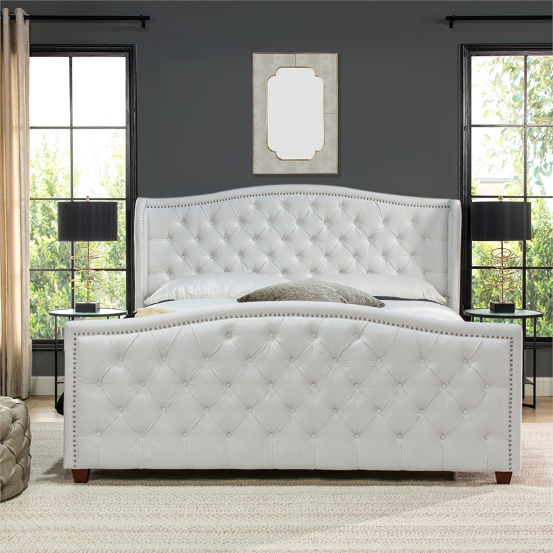 Pemberly Row Tufted Wingback King Bed with Nailhead Accents in Bright White