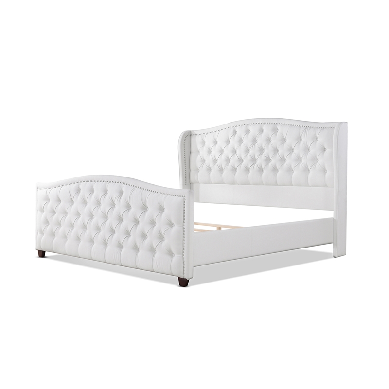 Pemberly Row Tufted Wingback King Bed with Nailhead Accents in Bright White