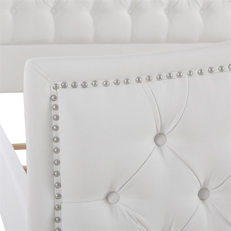 Pemberly Row Tufted Wingback King Bed with Nailhead Accents in Bright White