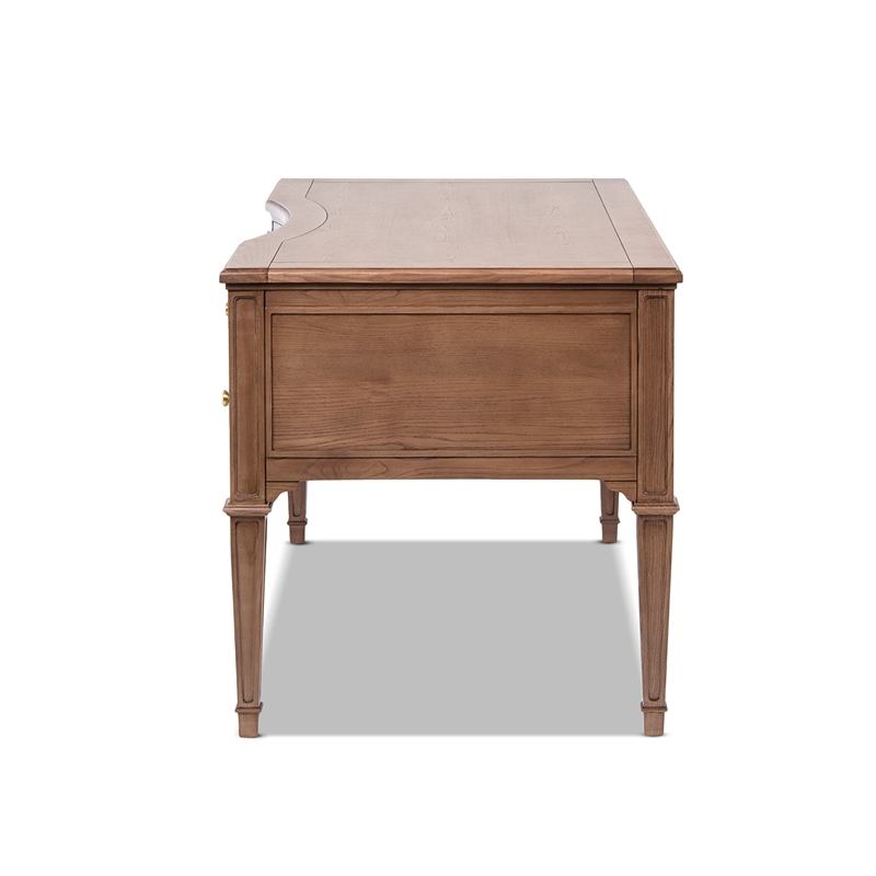 Pemberly Row Gold Accent 5-Drawer Executive Desk in Brown Ash Wood & Veneer