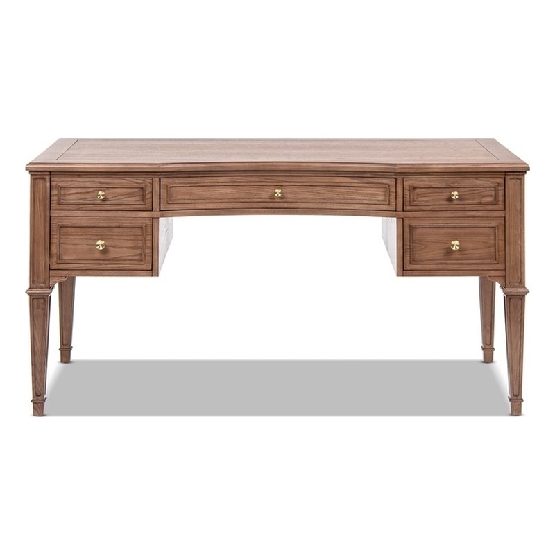 Pemberly Row Gold Accent 5-Drawer Executive Desk in Brown Ash Wood & Veneer