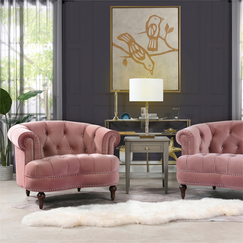 Pemberly Row Contemporary Tufted Accent Chair in Ash Rose Velvet Pink