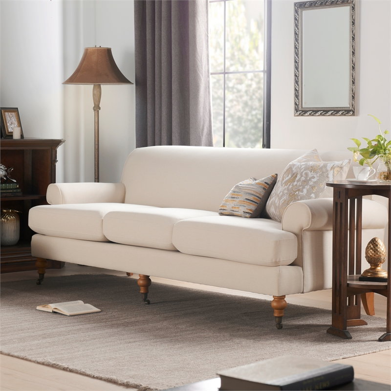 Pemberly Row Recessed Arm Sofa with Metal Casters in Sky Neutral