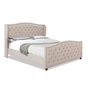Pemberly Row Tufted Wingback King Bed with Nailhead Accents in Sky Neutral