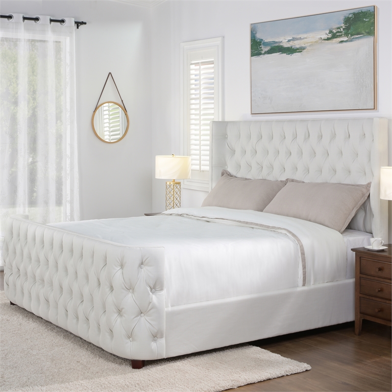 Pemberly Row King Tufted Wingback Panel Bed in Antique White