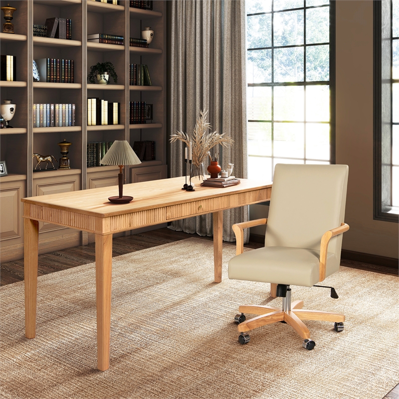 Pemberly Row Home Office Writing Desk & Executive Chair Set in Cream Beige