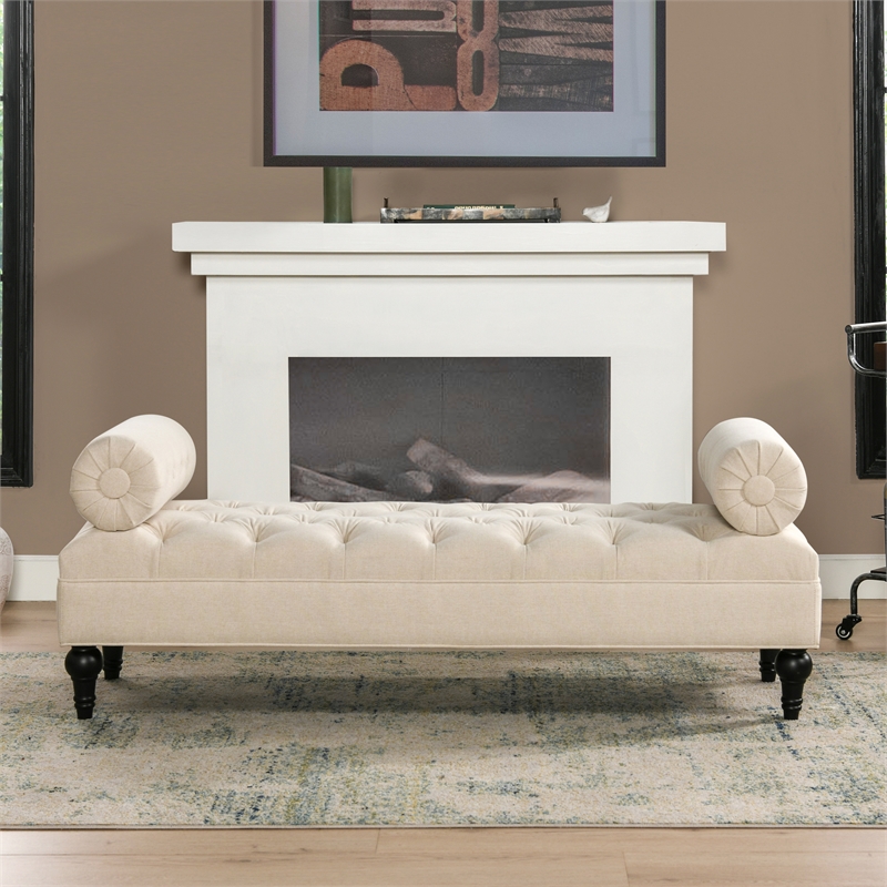 Pemberly Row Bolster Arm Entryway Bench with Hand Tufting in Cream Polyester