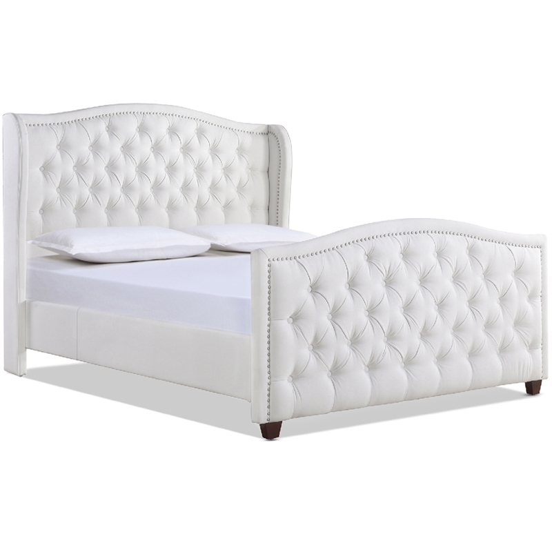 Pemberly Row Tufted Wingback Queen Bed with Nailhead Trim in Bright White