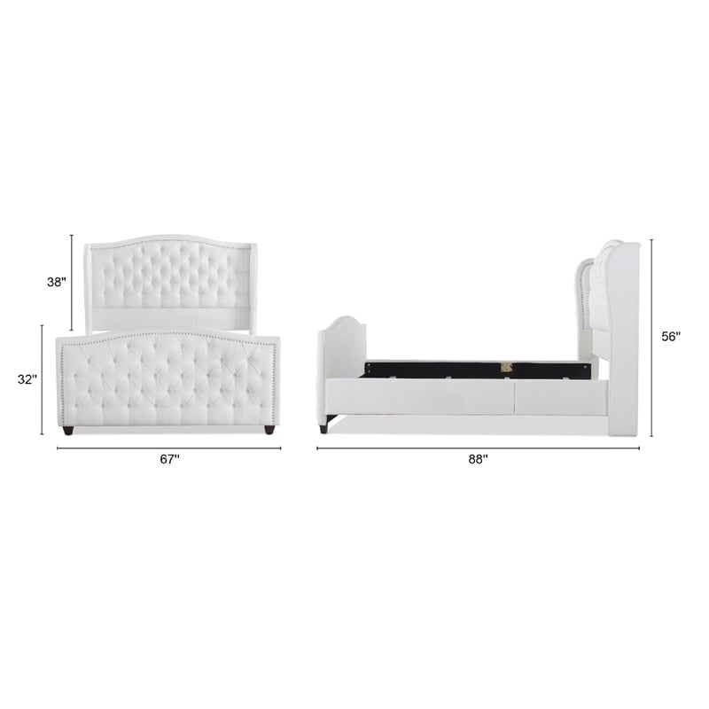 Pemberly Row Tufted Wingback Queen Bed with Nailhead Trim in Bright White
