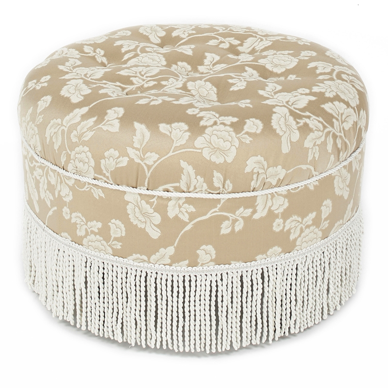 Pemberly Row Tufted Decorative Round Ottoman with Cord Trim in Neutral