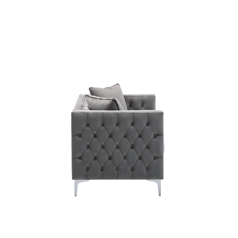 Pemberly Row Gray Button Tufted Velvet Loveseat with Nailhead Trim