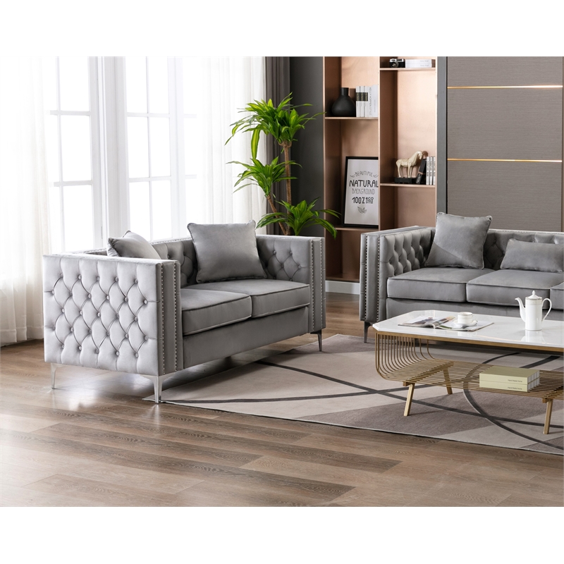 Pemberly Row Gray Button Tufted Velvet Loveseat with Nailhead Trim