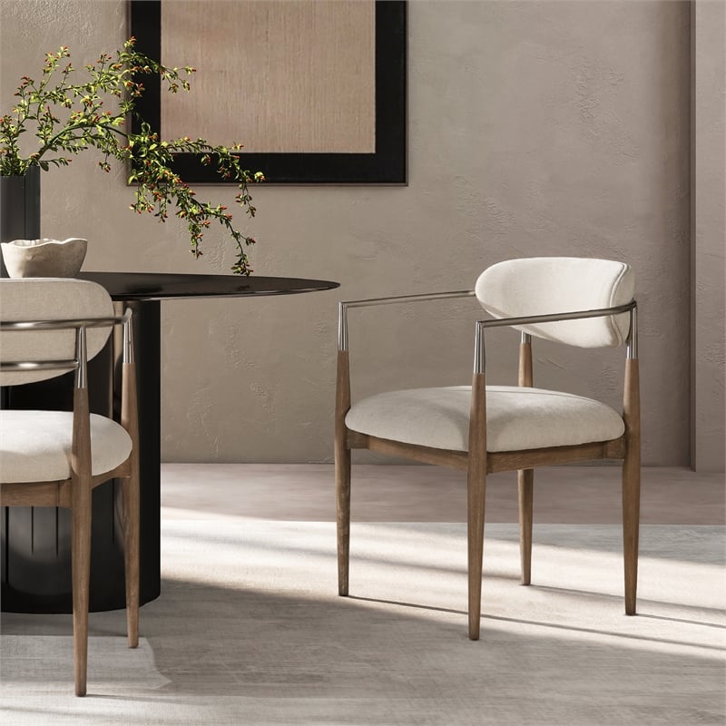 Pemberly Row Mixed Material Upholstered Dining Arm Chair in White Chenille