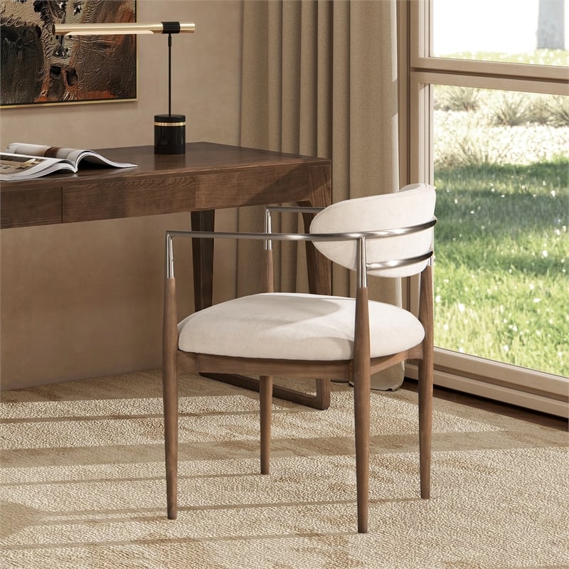 Pemberly Row Mixed Material Upholstered Dining Arm Chair in White Chenille