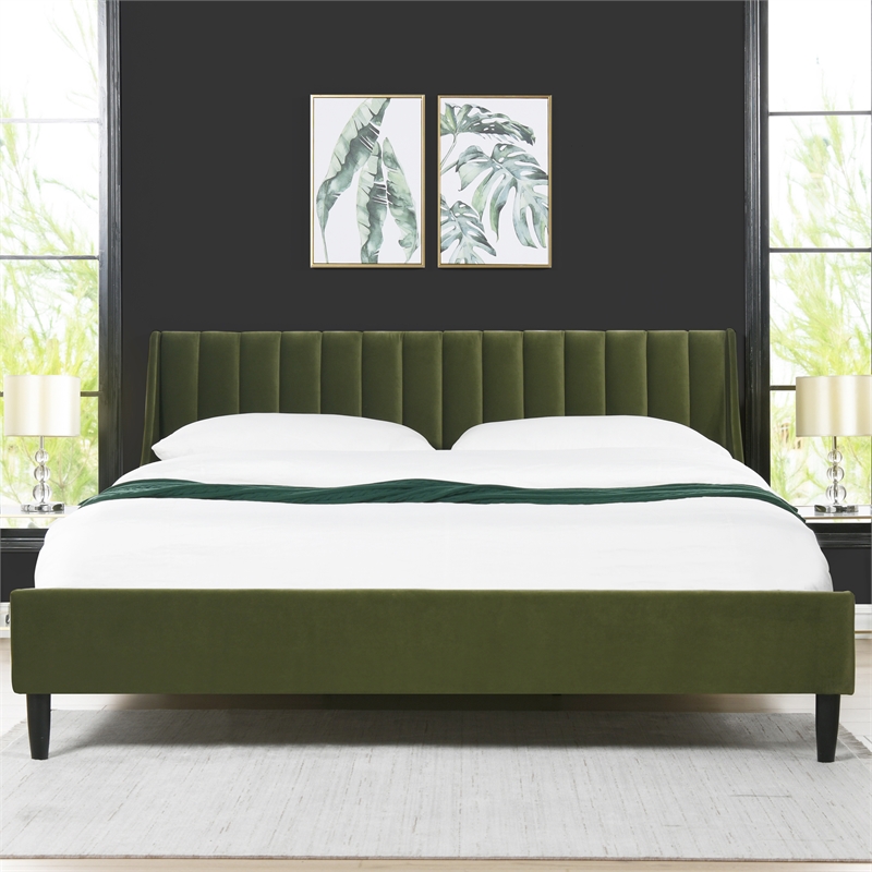 Pemberly Row King Vertical Tufted Platform Bed Set in Olive Green Velvet