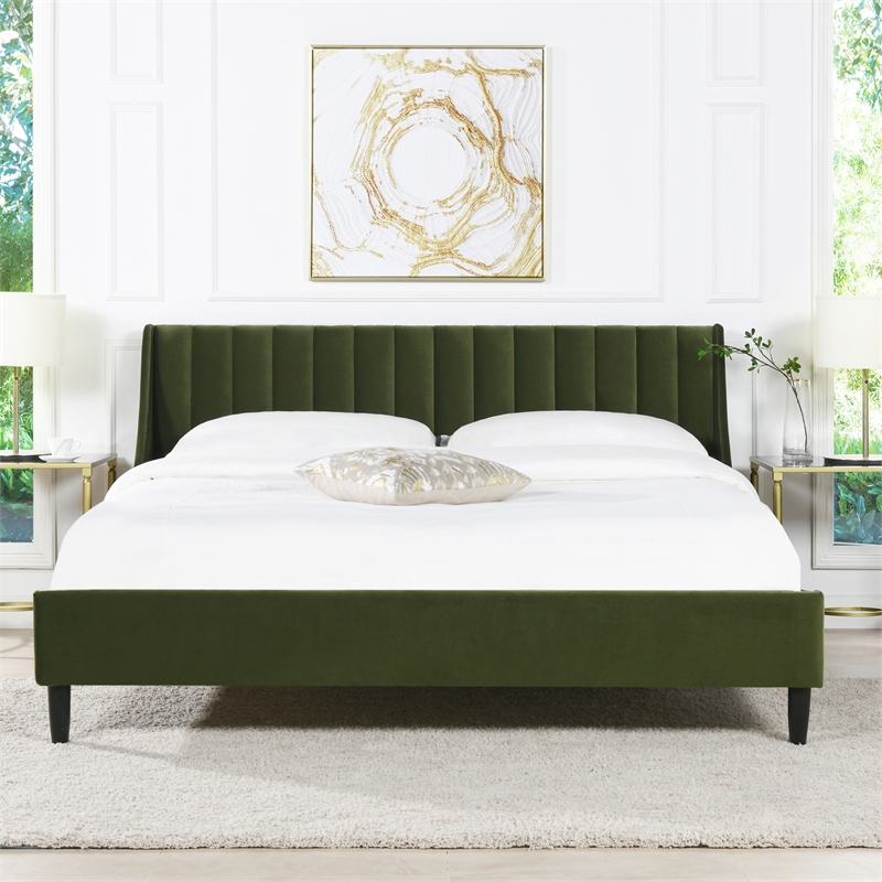 Pemberly Row King Vertical Tufted Platform Bed Set in Olive Green Velvet