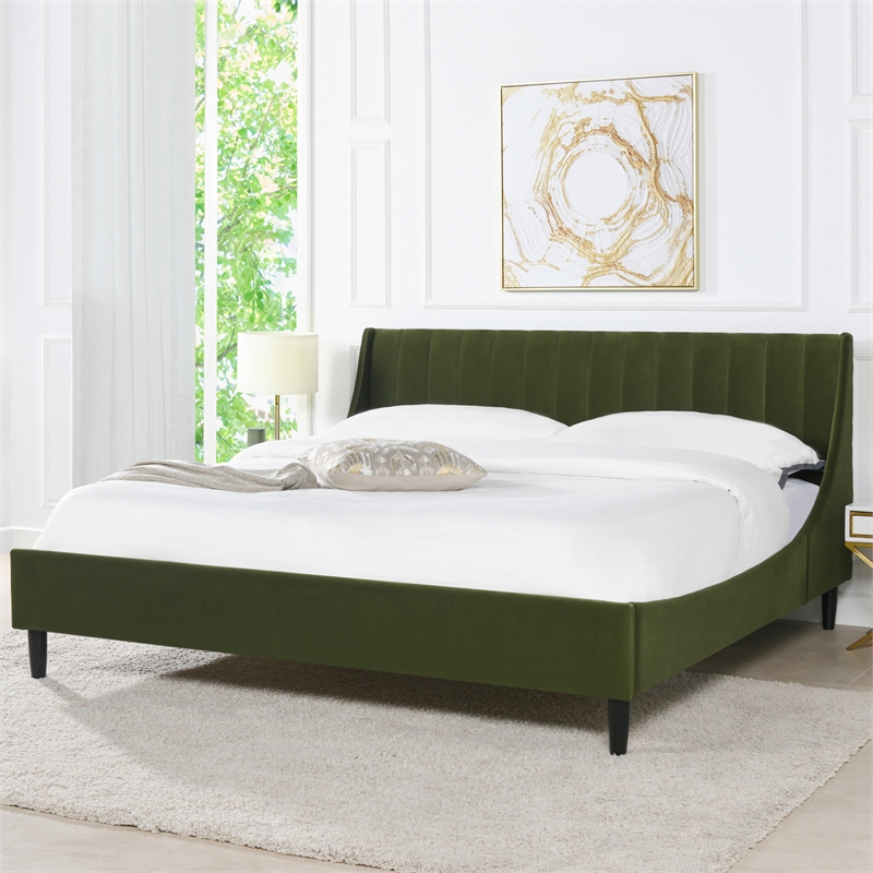 Pemberly Row King Vertical Tufted Platform Bed Set in Olive Green Velvet