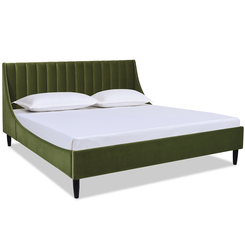 Pemberly Row King Vertical Tufted Platform Bed Set in Olive Green Velvet