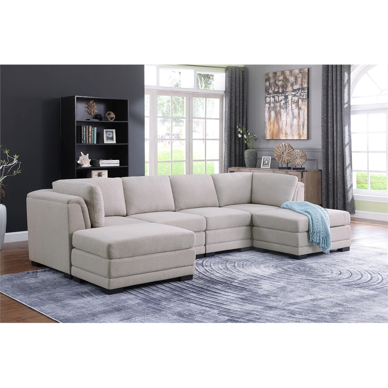 Pemberly Row Light Gray Linen Reversible Sectional Sofa with 2 Ottomans