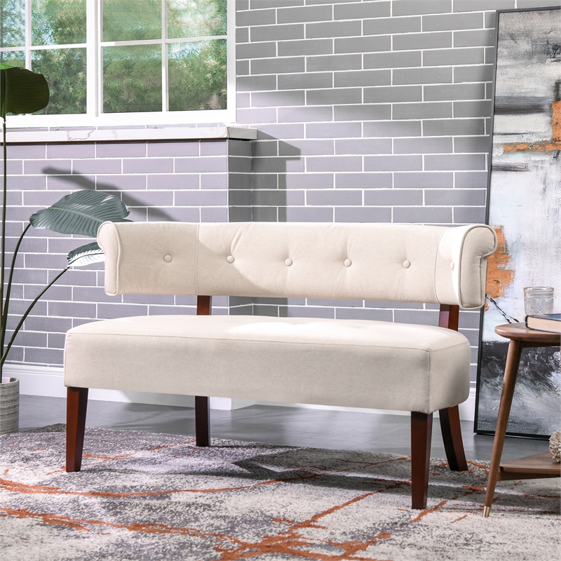 Pemberly Row Roll Arm Tufted Polyester Fabric Bench with Spring Seat in Cream