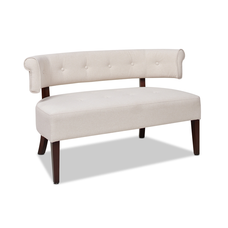 Pemberly Row Roll Arm Tufted Polyester Fabric Bench with Spring Seat in Cream
