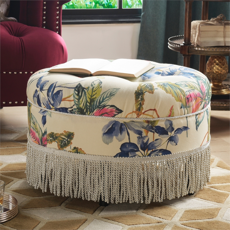 Pemberly Row Tufted Decorative Round Ottoman in Off White Floral Fabric