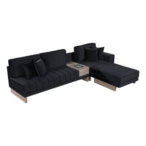 Pemberly Row 122.5&quotW Black Velvet Reversible Sectional Sofa with USB and Storage