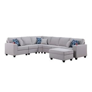 Pemberly Row Light Gray Linen Reversible Sectional with Ottoman and Cupholders