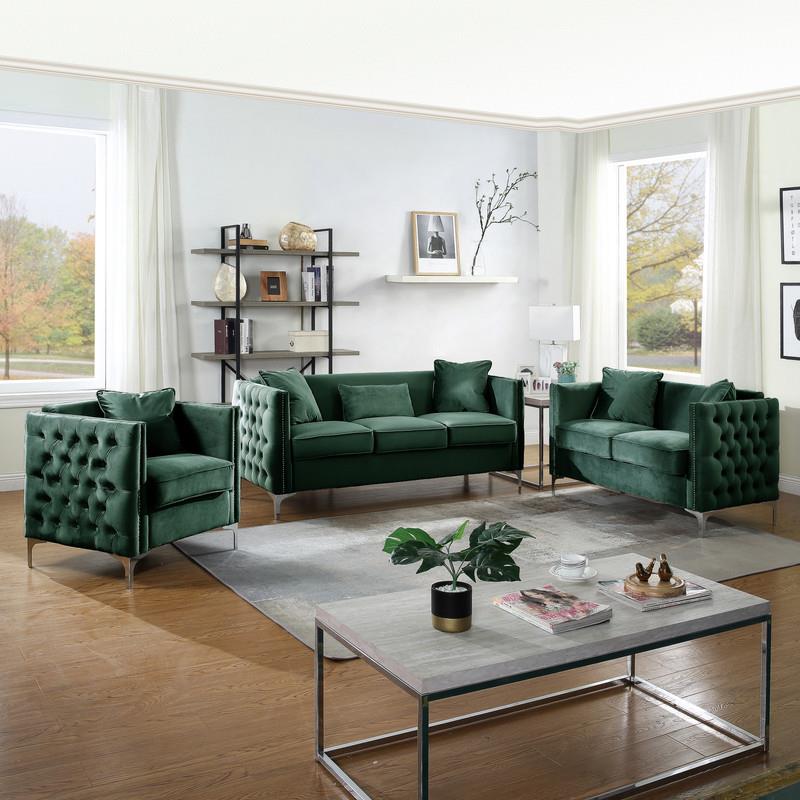 Pemberly Row Green Velvet Button Tufted Sofa with Nailhead Trim and 3 Pillows
