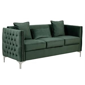 Pemberly Row Green Velvet Button Tufted Sofa with Nailhead Trim and 3 Pillows