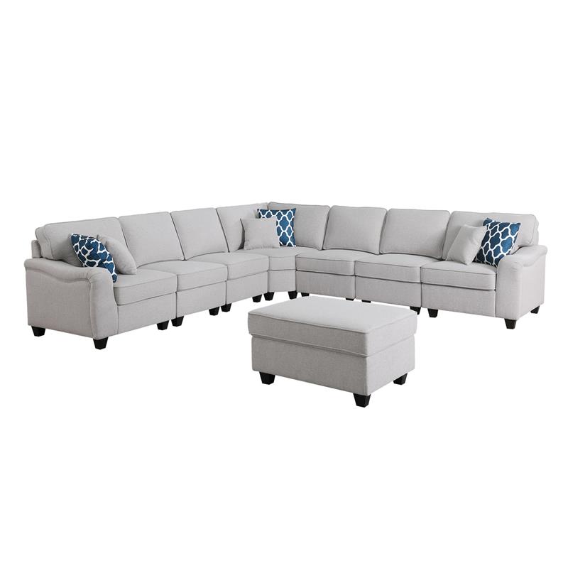 Pemberly Row Light Gray Linen 8Pc Modular L-Shape Sectional Sofa and Ottoman
