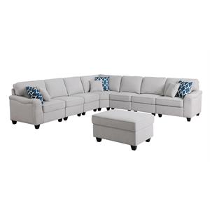 Pemberly Row Light Gray Linen 8Pc Modular L-Shape Sectional Sofa and Ottoman
