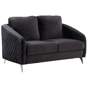 Pemberly Row Black Velvet Diamond Stitched Loveseat with Chrome Metal Legs