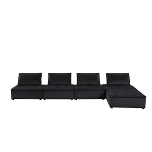 Pemberly Row Velvet 5Pc Modular Sectional Sofa Ottoman with Tufted Seat in Black
